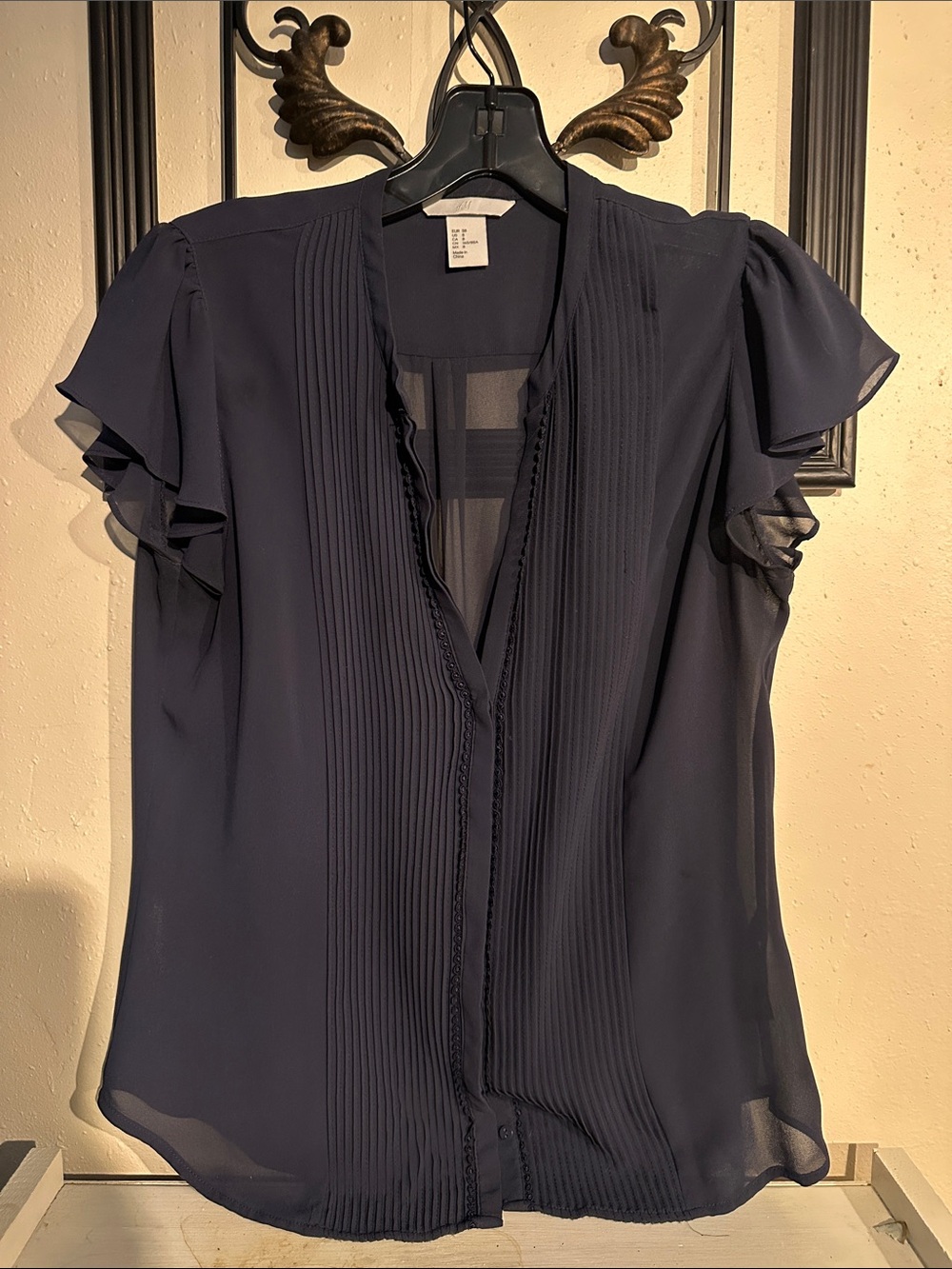 H&M Navy Pintuck Flutter Sleeve Blouse